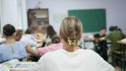 Students sitting at desks in a classroom during an art lesson with a teache.. Stock Footage 346181409