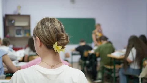 Students sitting at desks in a classroom during an art lesson with a teache.. Stock Footage 346181443