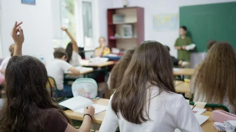 Students sitting at desks in a classroom during an interactive lesson with .. Stock Footage 346181990