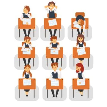 Students Sitting at Desks in Classroom, Front View, University or College Lesson Illustrazione stock