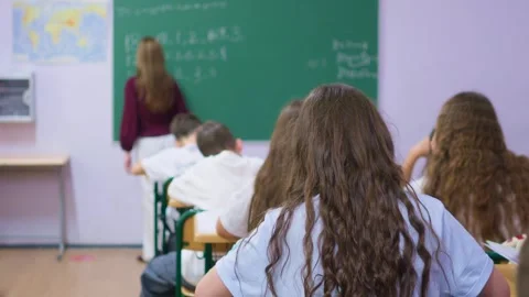 Students sitting at desks in a classroom raising hands to participate in a .. Stock Footage 345669088