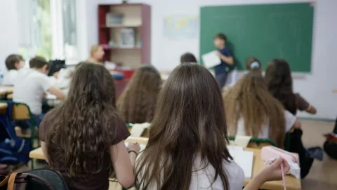 Students sitting at desks in a classroom while a classmate presents at the .. Stock Footage 346181487