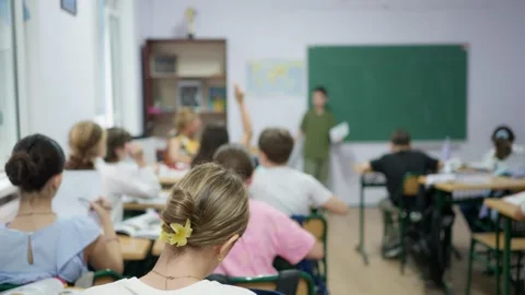 Students sitting at desks in a classroom while a classmate presents at the .. Stock Footage 346181748