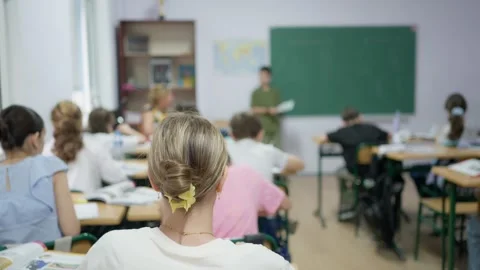 Students sitting at desks in a classroom while a classmate presents at the .. Stock Footage 346181754