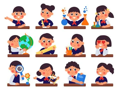 Students sitting at desks. Student study, kids writing or prepare to school Stock Illustration