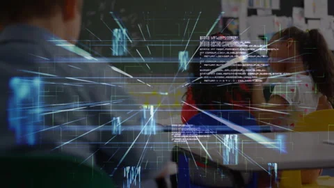 Students sitting desks while projector powering on neon grid and code icons Stock Footage 313678438