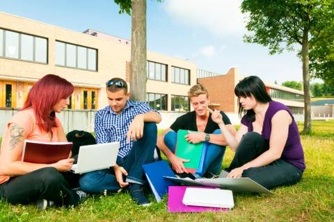 Students Sitting In The Grass, Learning 스톡 사진