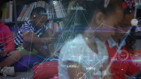 Students sitting in library boy raising device causing HUD overlay growing Stock Footage 331269974