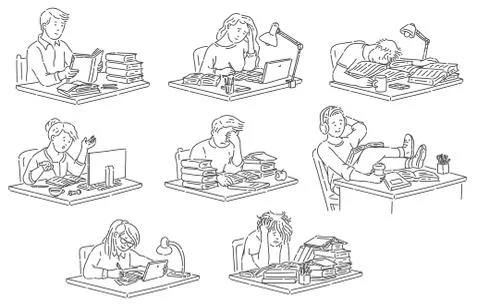 Students sitting at table reading and studying in hand drawn outline style. Stock Illustration