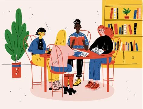 Students sitting together at table with books and studying Stock Illustration