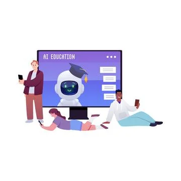 Students with smartphones studying with chat bot, digital education, vector AI Stock Illustration