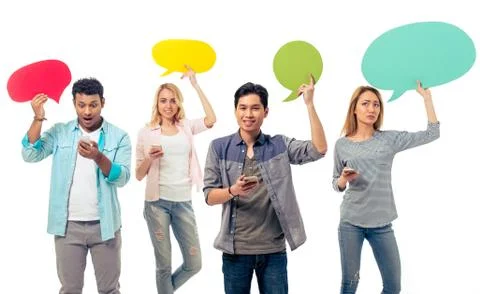 Students with speech bubbles and gadgets Stock Photos