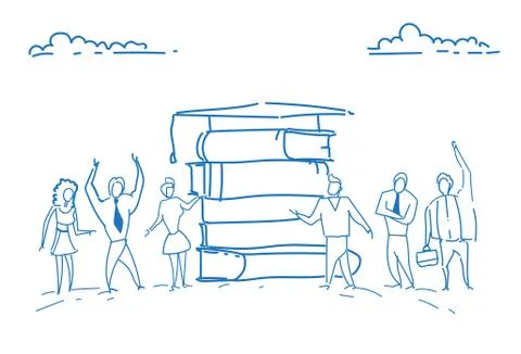 Students standing book stack graduated cap education concept successful study Stock Illustration