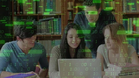 Students starting study at library flipping pages watching binary data bars Stock Footage 312280167