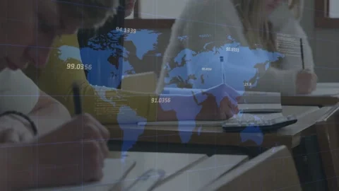 Students starting task and writing in class, blue map with numbers drifting, one Stock Footage 331235685