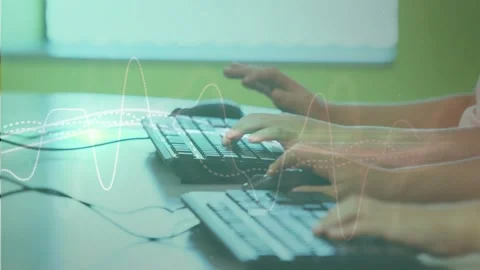 Students starting typing on keyboards and clicking mice for learning, waveform Stock Footage 331736232