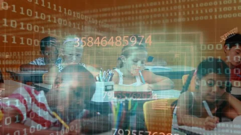 Students starting writing task, pencils moving as code overlay scrolling over Stock Footage 329946775