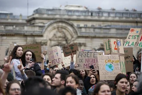 Students strike for climate change in Paris, France - 15 Mar 2019 写真素材