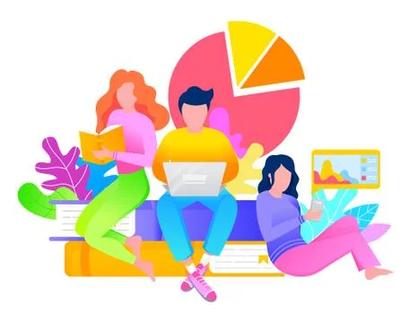 Students Study and Read Using Laptops and Books Illustrazione stock