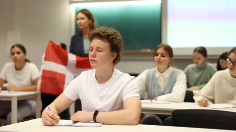 Students study in classroom, teacher stands behind with flag of Denmark Stock Footage 341384341