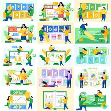 Students study economic remotely. Learning mathematics in internet, idea of Illustrazione stock