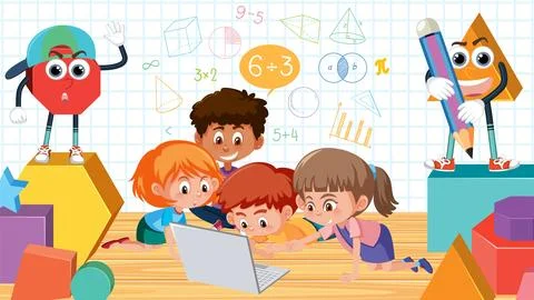 Students Study Math Using Computers in Classroom 库存插图