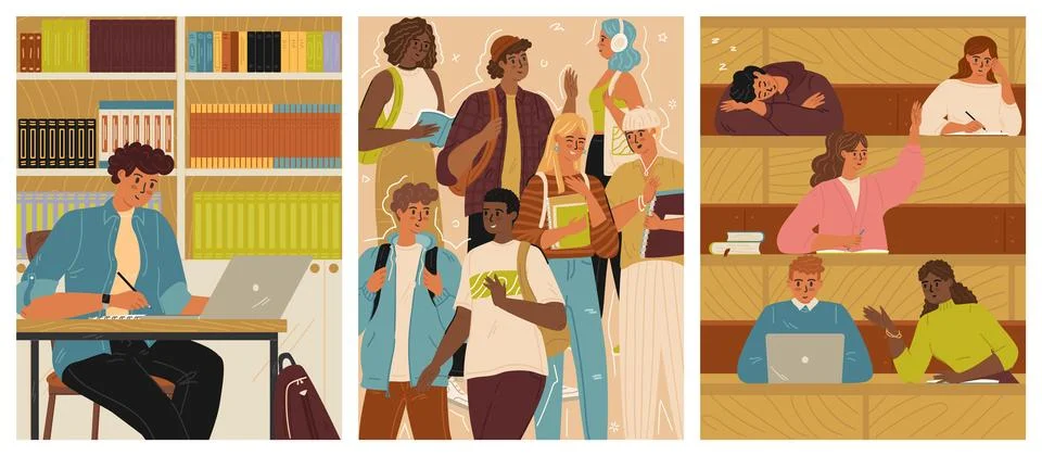 Students studying, doing homework, chatting during break time scene set Stockillustratie