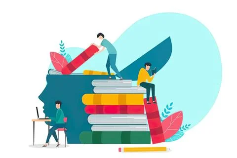 Students studying with giant book and school supplies Stock Illustration
