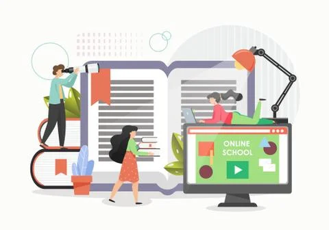 Students studying from home using computers, flat vector illustration. Online イラスト素材