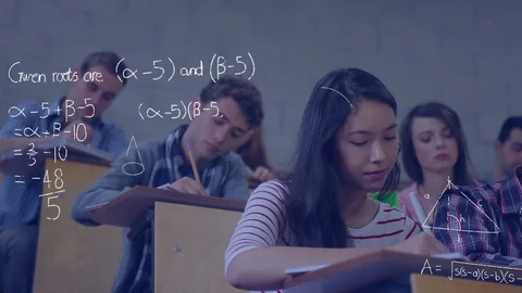 Students studying in a lecture hall and mathematical equations Stock Footage 107721866
