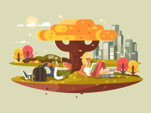 Students studying in park Stock Illustration