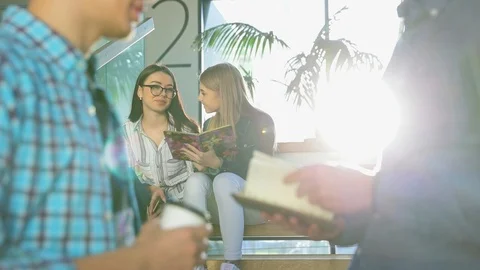 Students Studying, Reading Notes In Book At College Stairs Stock Footage