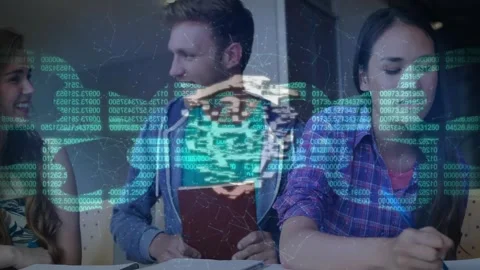 Students studying at table opening notebook initiating code overlay with glowing Stock Footage 329923181