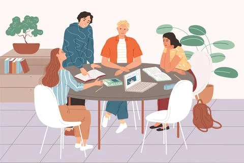 Students studying together, sitting at the table and learning english. Illustrazione stock