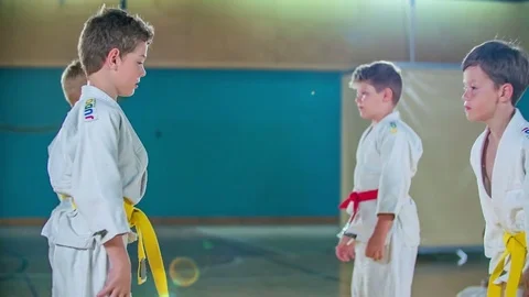Students take a bow and start fighting in judo Stock Footage 78533758