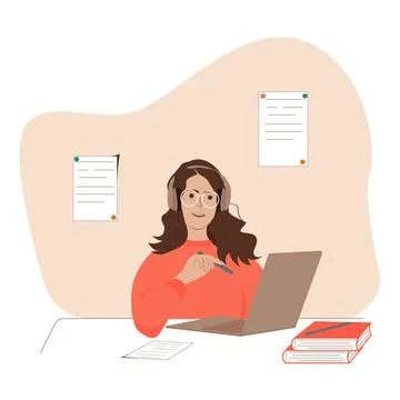 Students take distance learning on a laptop. Webinar, online video training,  Stock Illustration
