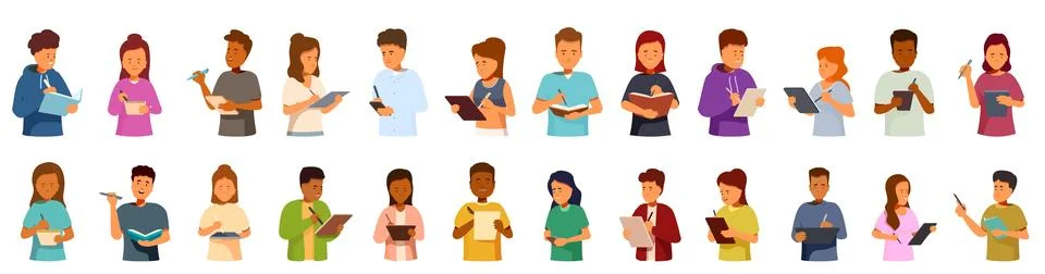 Students taking notes icons set. Students writing and taking notes during l.. Stock Illustration