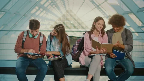Students Talk while Sitting on Bench at University Hall. Stock Footage 241440797