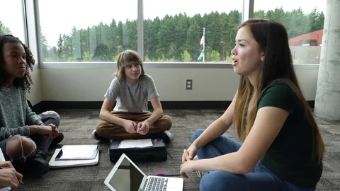 Students talking while sitting together on floor Stock Footage 83399040