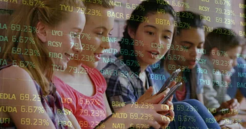 Students tapping and swapping phones in school spawning floating code Stock Footage 312281286
