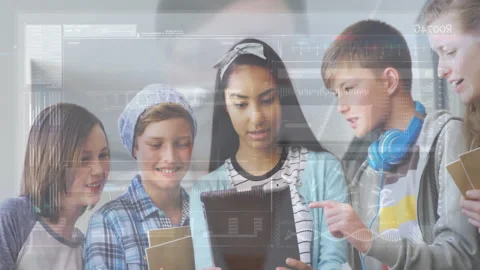 Students tapping and swiping tablet screen activating code snippets and charts Stock Footage 310662933