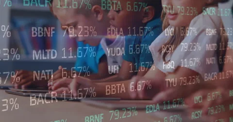 Students tapping tablets in classroom, adjusting data with codes, percentages Stock Footage 312281088