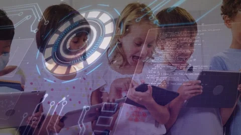 Students tapping tablets, HUD sliding across, focus turning into smiling and Stock Footage 329910969