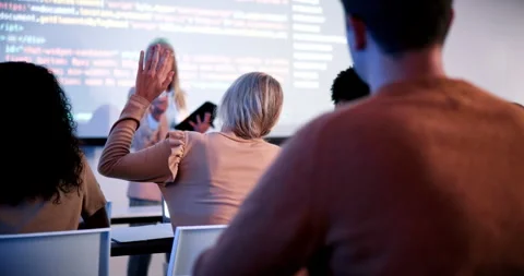 Students, teacher and raised hand in classroom at campus, talk and coding course Stock-Footage 336318693