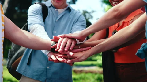 Students, teamwork or hand stack outdoor for support, unity or education Stock Footage 347181286