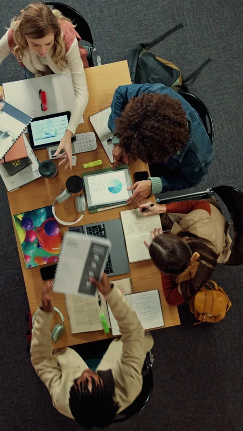 Students, tech and documents in library with college course, writing and study Stock Footage 335805190
