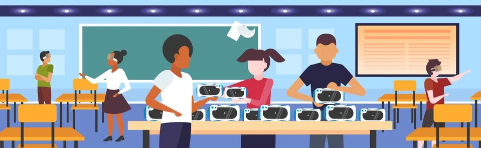 Students testing 3d glasses mix race teenagers wearing virtual reality digital Illustrazione stock