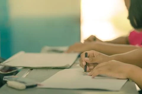 Students try to drawing a basic pattern Thailand with a pencil i Stock Photos