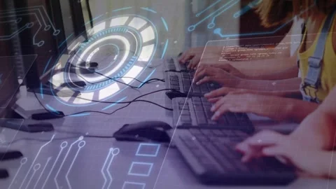 Students typing at keyboards in lab, activating holo UI over keyboards with code Stock Footage 329836223