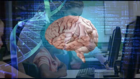Students typing keys sparking rotating brain and DNA overlays for education Stock Footage 328245975